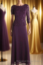 Two-Piece Plum Purple Long Sleeve Long Mother of the Bride Dress